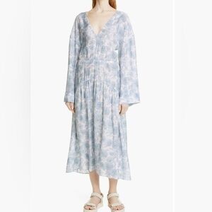 Vince Dahlia Floral Summer Dress Long Sleeve V Neck Coastal Baby Blue White Sz M